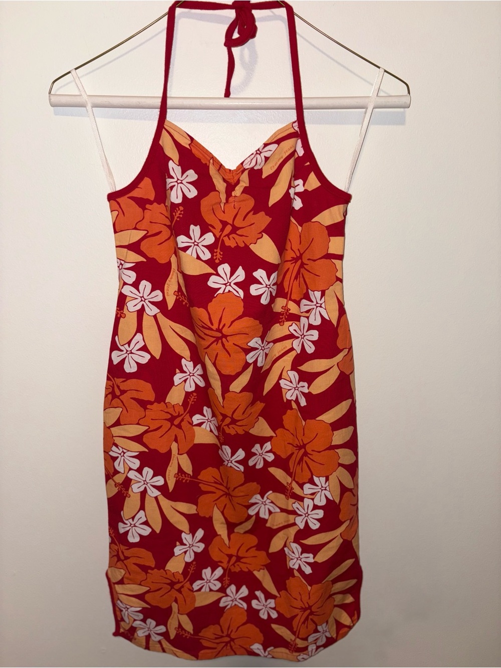 Vintage Y2K Hawaiian Halter Dress - Orange Red Tropical Hibiscus Print Sz Small